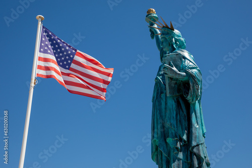 American flag mat stars united states and The Statue of Liberty neoclassical sculpture on Liberty Island