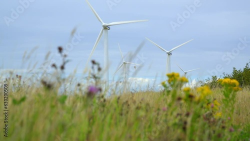 Wind turbines low approach through grass and blooming weeds. Half speed slow motion. photo