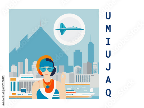 Square flat design tourism poster with a cityscape illustration of Umiujaq (Canada) photo