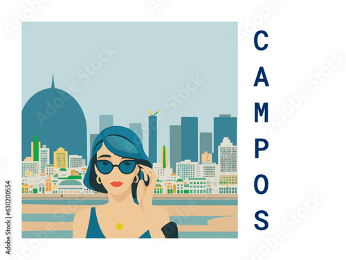 Square flat design tourism poster with a cityscape illustration of Campos (Brazil)