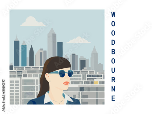 Square flat design tourism poster with a cityscape illustration of Woodbourne (New Zealand)