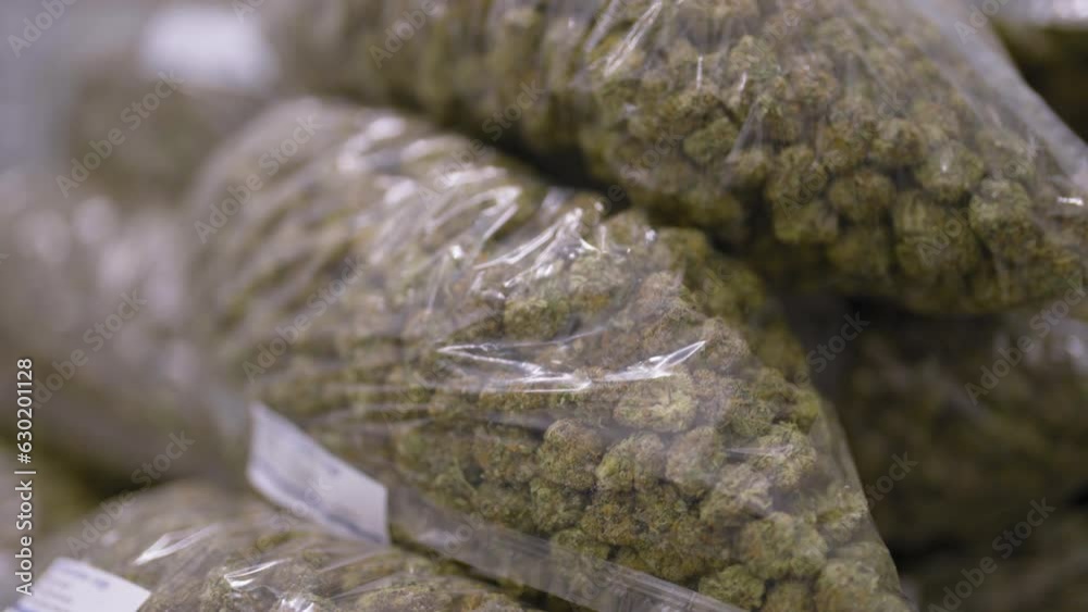 Close-up shot of Marijuana Bags ready to distribution, tracking in motion, California Close-up shot of Marijuana Bags ready to distribution, tracking in motion, California