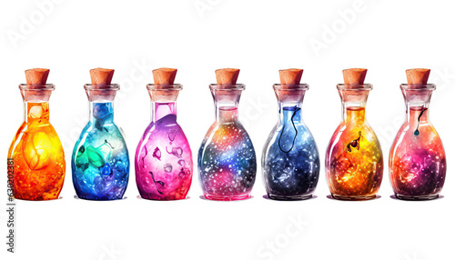 Potion bottles with colorful liquids, each with mysterious effects, Halloween potions, alchemy, magic elixir, enchanted brews