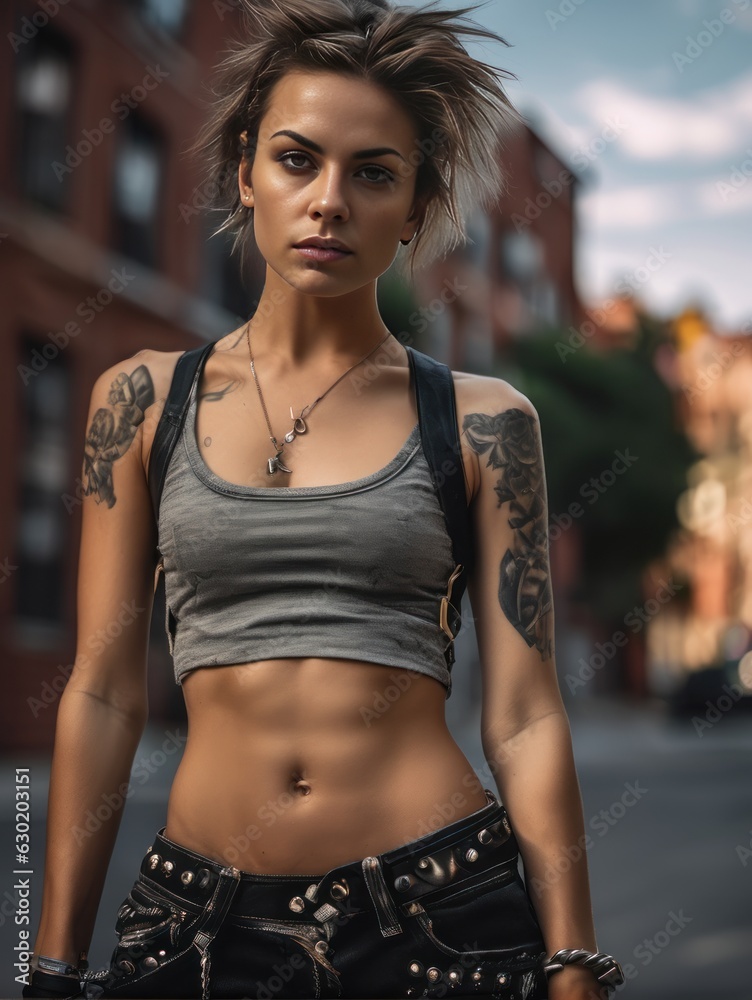 Young punk girl in leather clothes on an abandoned city street. Generative AI
