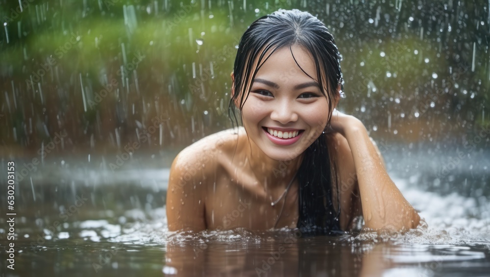 Fototapeta premium Portrait of beautiful erotic smiling wet asian woman in the water in the rain. Generative AI