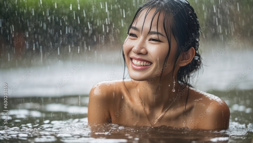 Portrait of beautiful erotic smiling wet asian woman in the water in the rain. Generative AI