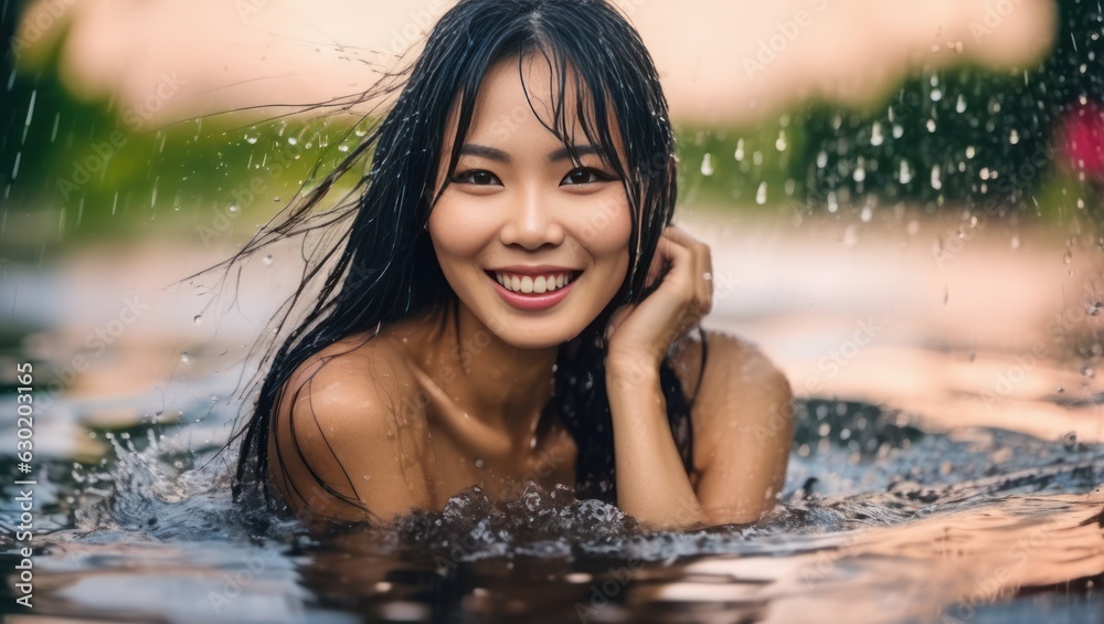 Fototapeta premium Portrait of beautiful erotic smiling wet asian woman in the water in the rain. Generative AI