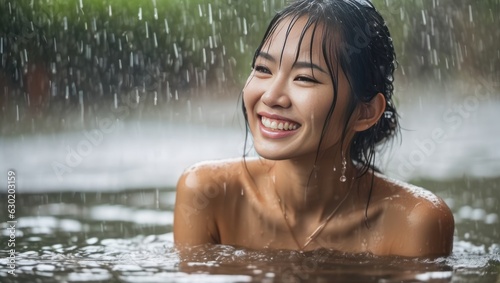 Portrait of beautiful erotic smiling wet asian woman in the water in the rain. Generative AI