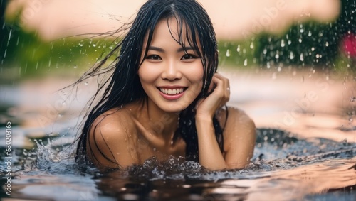 Portrait of beautiful erotic smiling wet asian woman in the water in the rain. Generative AI