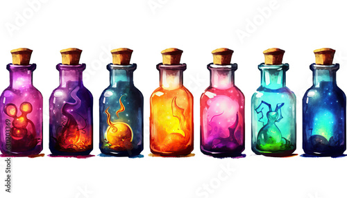 Photo Potion bottles with colorful liquids, each with mysterious effects, Halloween po