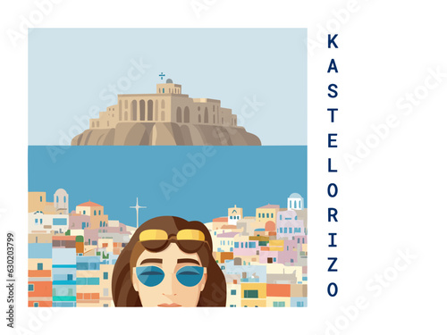 Square flat design tourism poster with a cityscape illustration of Kastelorizo (Greece) photo