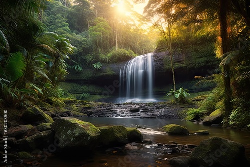 Beautiful landscape nature background. Forest with waterfall. Fall season in jungle mountain view