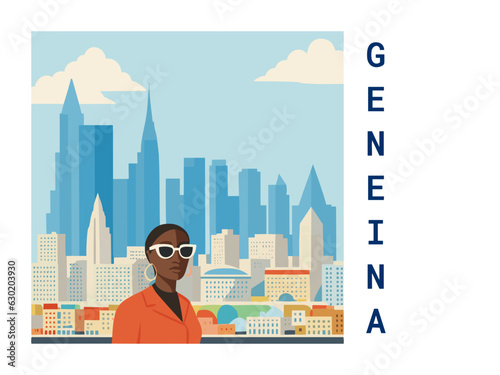 Square flat design tourism poster with a cityscape illustration of Geneina (Sudan)