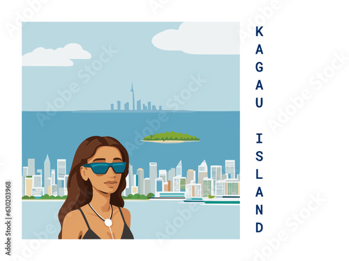 Square flat design tourism poster with a cityscape illustration of Kagau Island (Solomon Islands)