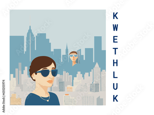Square flat design tourism poster with a cityscape illustration of Kwethluk (United States)