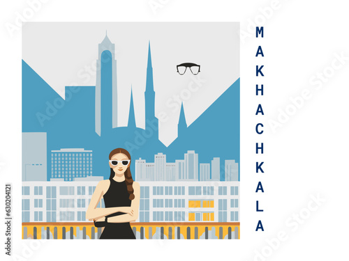 Square flat design tourism poster with a cityscape illustration of Makhachkala (Russia)