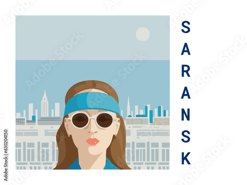 Square flat design tourism poster with a cityscape illustration of Saransk (Russia)