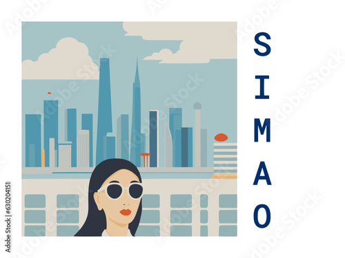 Square flat design tourism poster with a cityscape illustration of Simao (China)