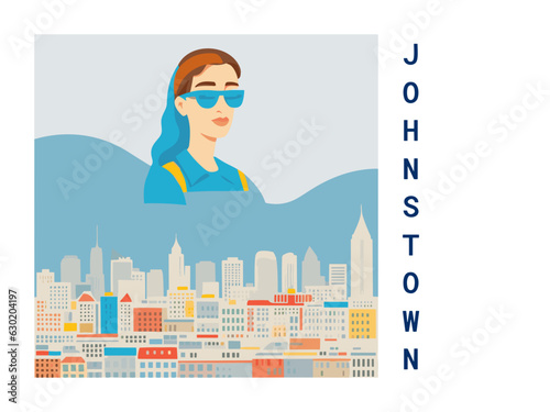 Square flat design tourism poster with a cityscape illustration of Johnstown (United States)
