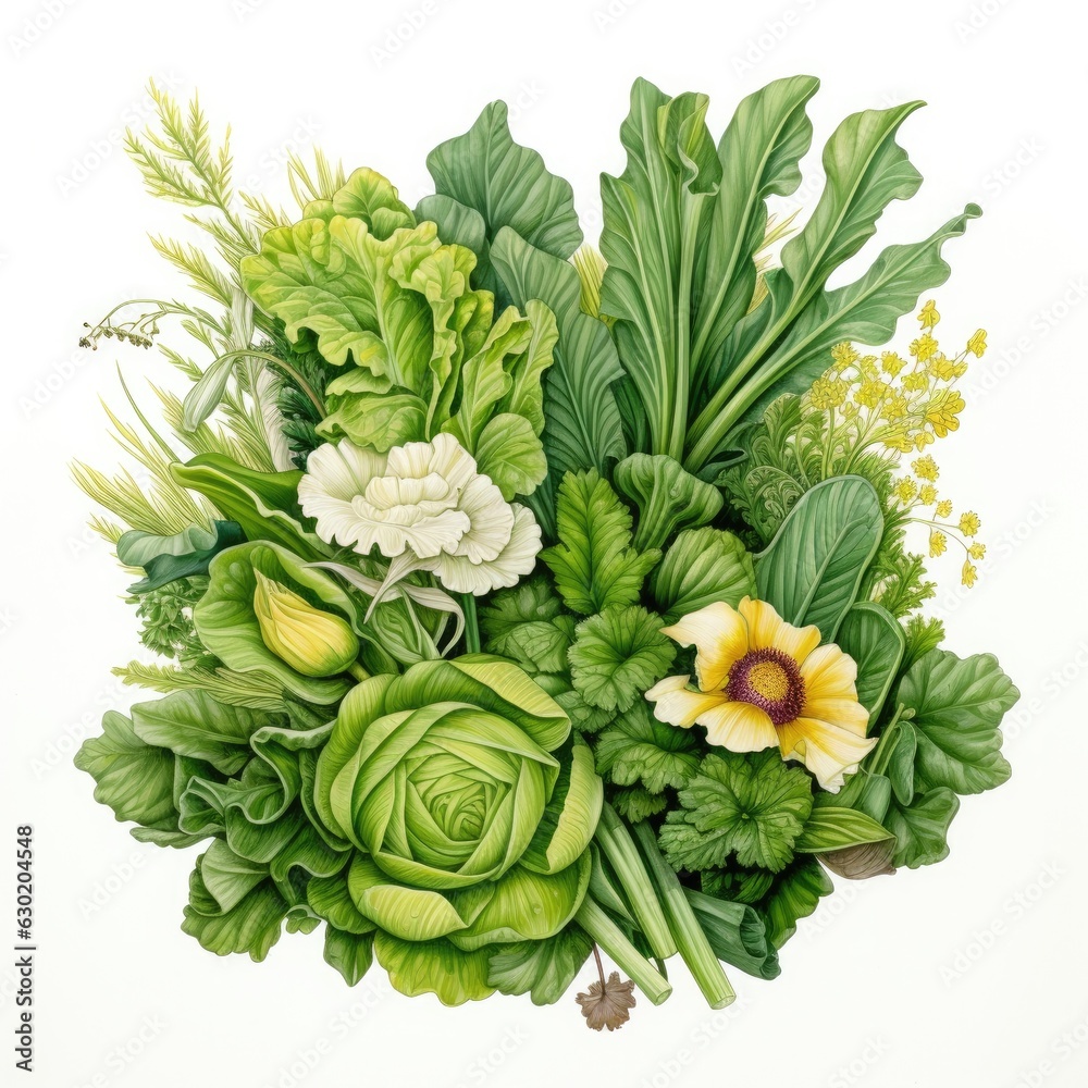 A pile of Greens and their flowers and leaves. Generative AI A pile of Greens and their flowers and leaves. Generative AI