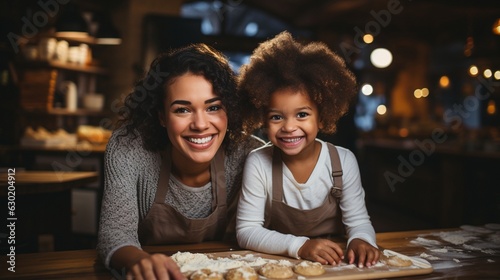 Fototapeta Naklejka Na Ścianę i Meble -  Black woman making Christmas cookies while standing next to a boy and holding a baking sheet. .