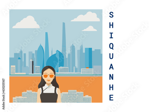 Square flat design tourism poster with a cityscape illustration of Shiquanhe (China)