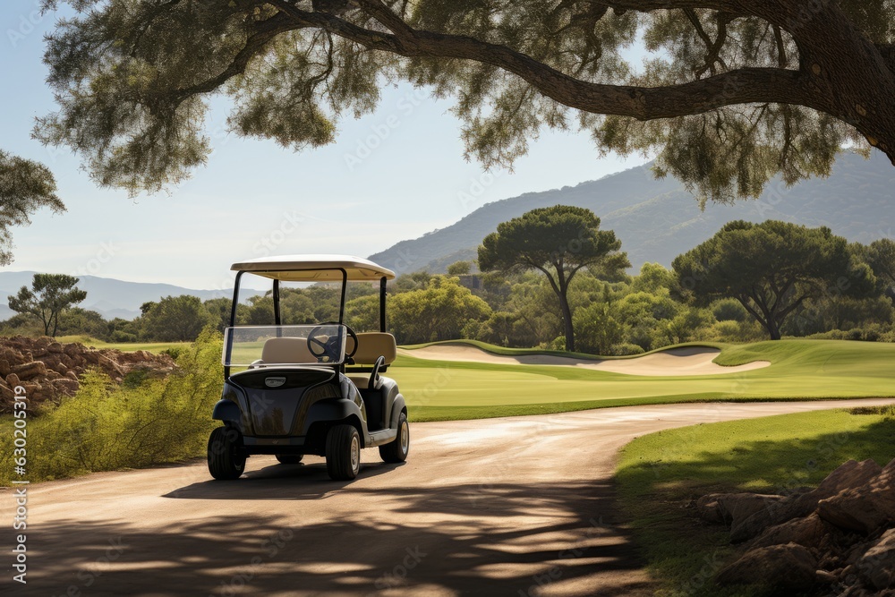Golf Cart Driving Along A Serene Path, Generative AI