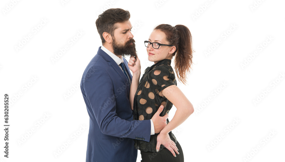 Charm and flirting. Sexy business lady. Sexy woman flirt with bearded man. Boss fall in love with sexy secretary. Sexy couple relationship. Couple in love isolated on white. Romantic employees
