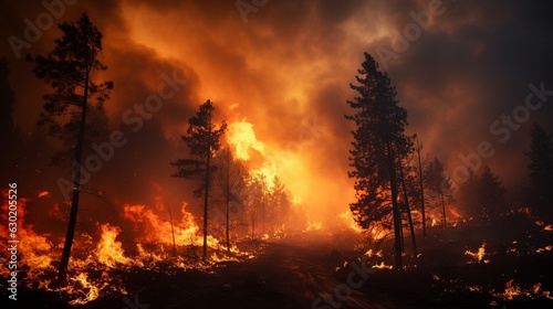 photographs of a forest fire. trees on fire  fire  and smoke.