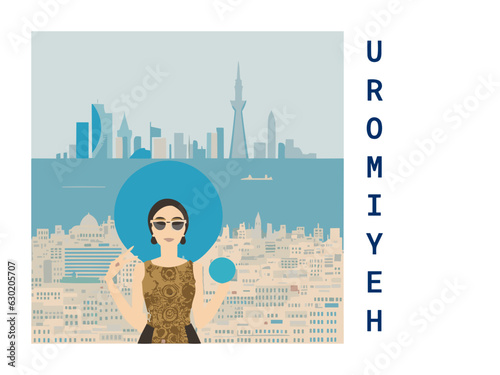 Square flat design tourism poster with a cityscape illustration of Uromiyeh (Iran) photo