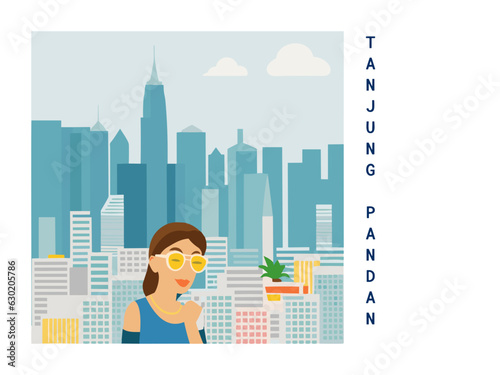 Square flat design tourism poster with a cityscape illustration of Tanjung Pandan (Indonesia)