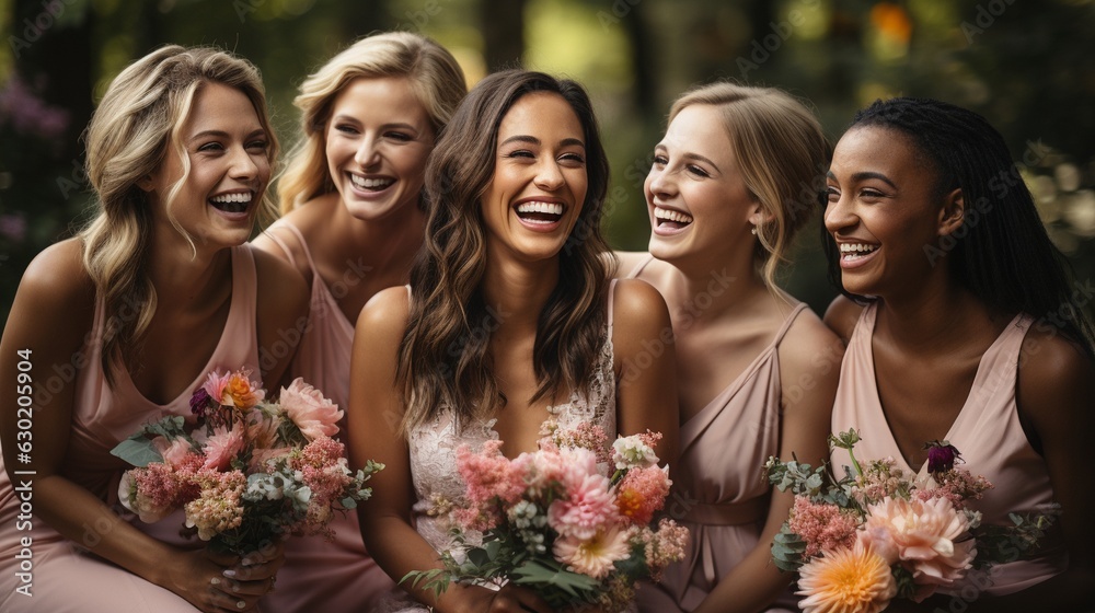 young bride savouring the bouquet's flavour in close proximity to mixed-race bridesmaids.