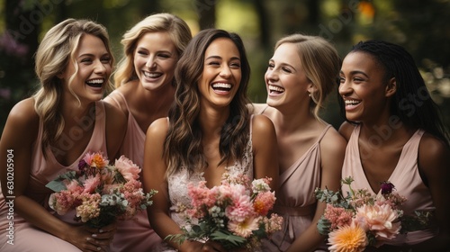 young bride savouring the bouquet's flavour in close proximity to mixed-race bridesmaids.