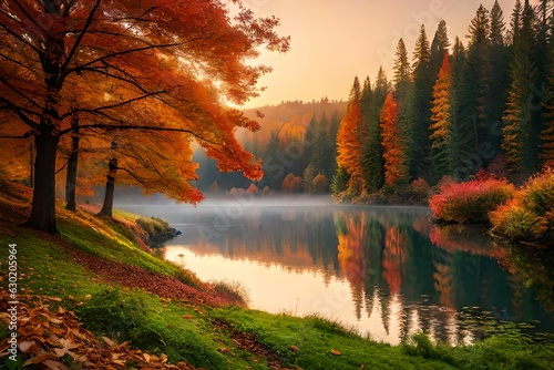 autumn landscape with lake by Generated with AI technology