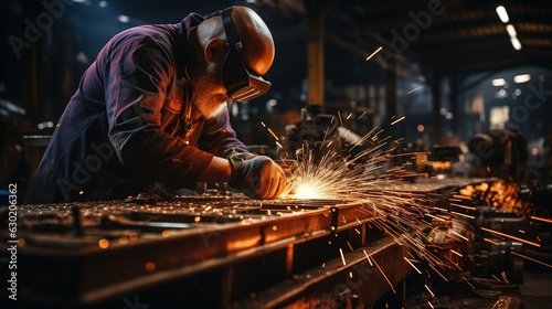 Interior of a heavy industry engineering factory with a worker using an angle grinder to cut a metal tube