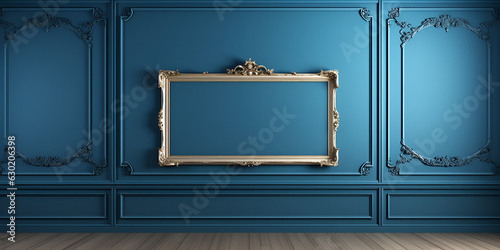 Antique art fair gallery frame on a royal blue museum or auction house wall