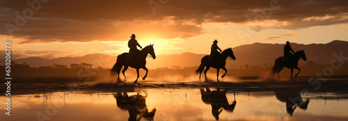 Foto Australian Stock Horse riders riding in pairs silhouette