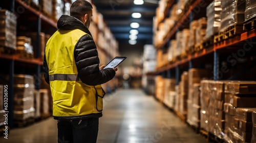 A female employee or supervisor checks the stock inventory on a digital tablet as part of a smart warehouse management system.