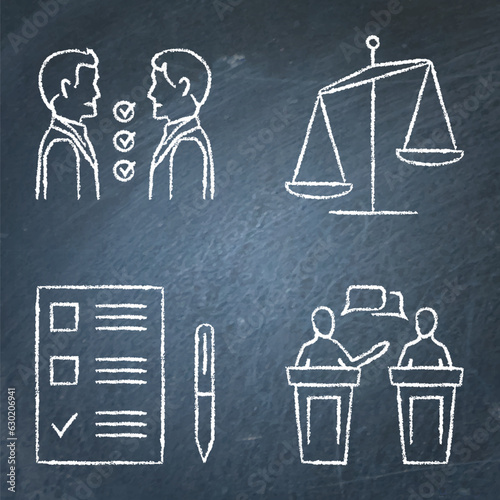Negotiation icon set on chalkboard