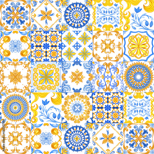 Majolica watercolor seamless pattern. Sicilian hand drawn ornament. Traditional blue and yellow ceramic tiles. Portuguese traditional azulejo pattern. Moroccan style..