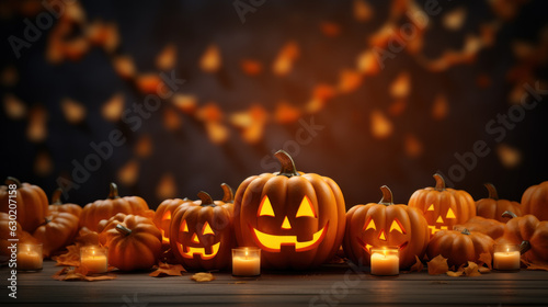 Halloween Pumpkin head jack lantern on wooden plank with burning candles in a spooky night on blurred background. Happy halloween celebration holiday banner concepts. Generative AI © goku4501