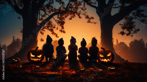 Halloween Funny kids in witch costumes. Children and pumpkins in a spooky night forest mysterious darkness and scary scene background. Happy halloween celebration holiday concepts. Generative AI