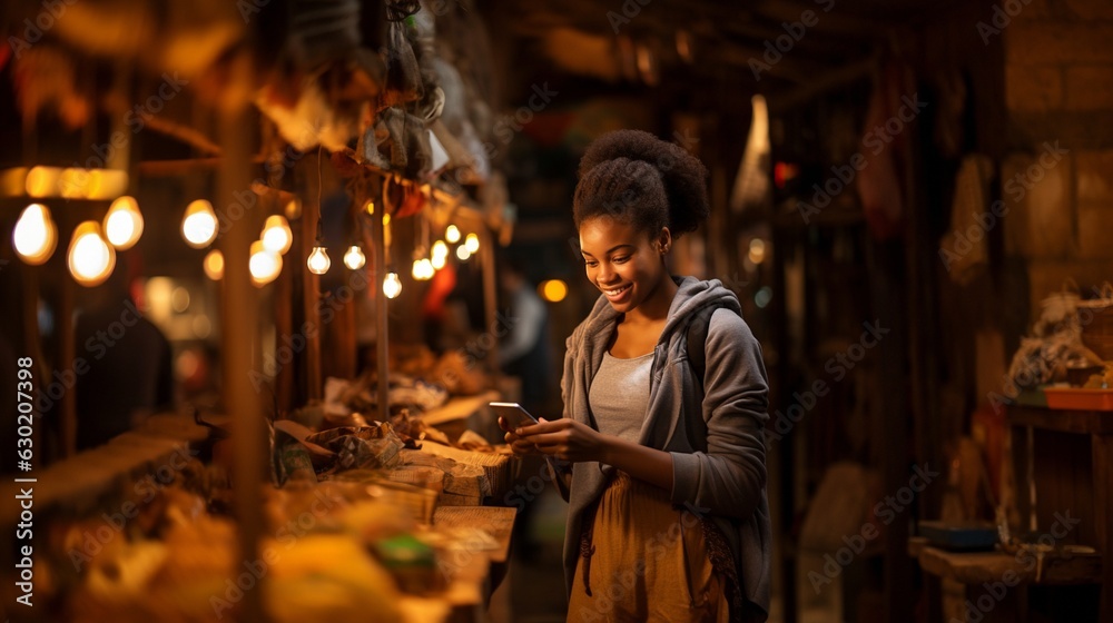 While grinning and using her phone, a young African woman is selling in a neighbourhood market. While grinning and using her phone, a young African woman is selling in a neighbourhood market.
