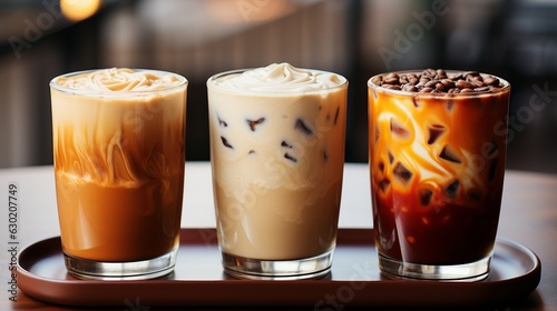 Espresso in an Americano cup, cappuccino and latte in a paper mug, and an iced macchiato in a glass. photo