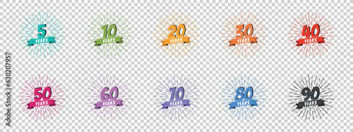 Anniversary Retro Icon Stamp Set - Vector Illustrations Isolated On Transparent Background