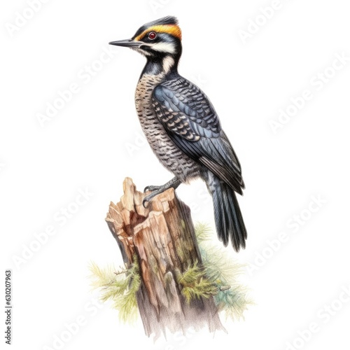 American three-toed woodpecker bird isolated on white. Generativ
