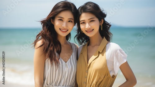Portrait of two lovely Asian women on the beach.