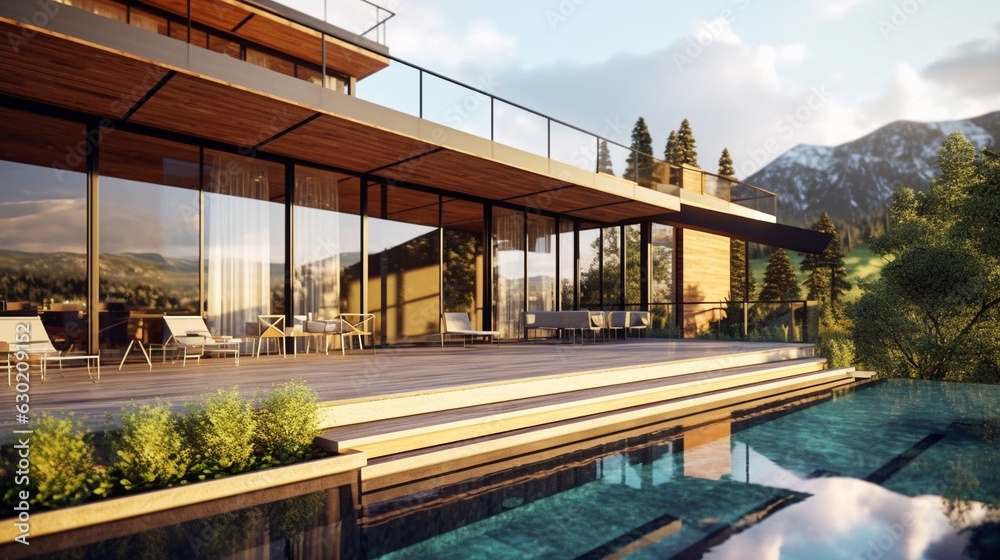 Stylishly contemporary exterior of a luxury villa. a mountainside glass home. Views of the mountains in awe from the veranda of a contemporary residence