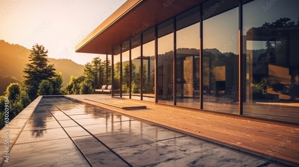 Stylishly contemporary exterior of a luxury villa. a mountainside glass home. Views of the mountains in awe from the veranda of a contemporary residence