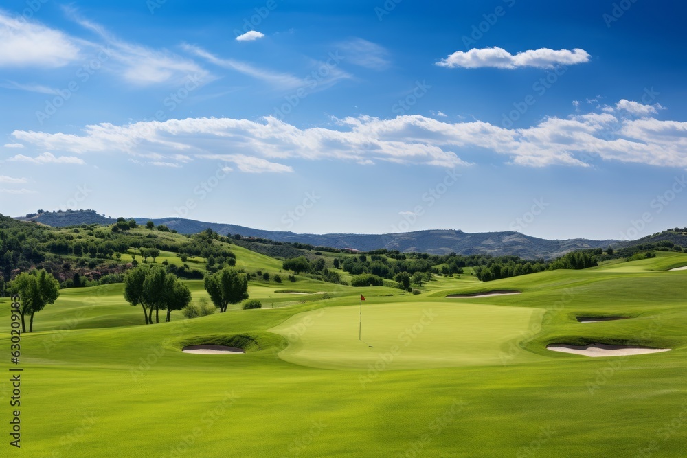 Golf Course With Rolling Hills And A Beautiful Background, Generative AI Golf Course With Rolling Hills And A Beautiful Background, Generative AI